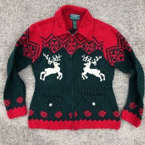 Vintage Ralph Lauren Polo womens reindeer cardigan hand knit sweater